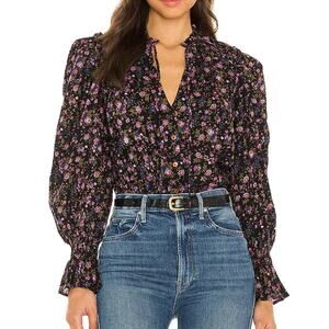 Free People Meant to Be Poet Sleeve Top Womens Large Black Floral Boho Blouse